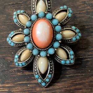 Floral Statement Ring with Coral Center and Turquoise Accents